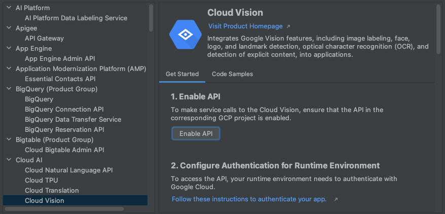 Screenshot showing the Manage Google Cloud APIs dialog.
                      This dialog displays the list of APIs available to add and
                      provides a work area that displays information about the
                      API.