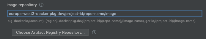 Run/Debug configuration open with sample fields (project ID and region) filled in