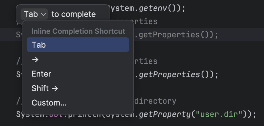 Gemini provides a dropdown menu to change your shortcut to accept an inline suggestion.