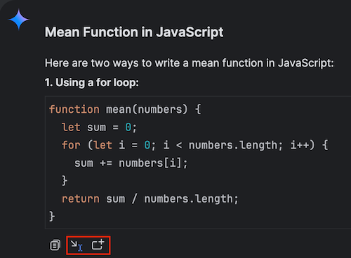 Gemini lists code actions at the end of a generated code response.