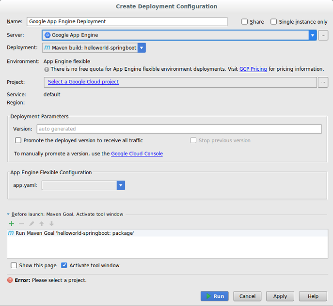 The create Deployment Configuration dialog. Has fields for Name,
Server, Deployment, Project, Version, and app.yaml.