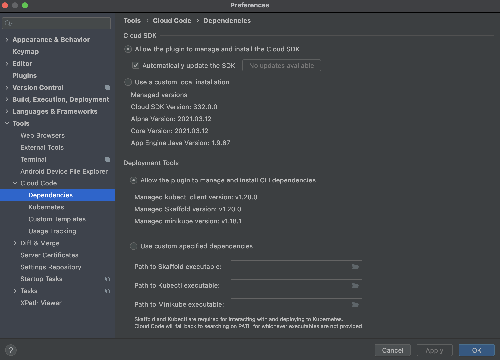 The Preferences dialog with Cloud Code and its underlying Dependencies
     section selected. The main area shows the version number of the gcloud CLI. The
     dialog also shows a field for browsing to a custom gcloud CLI installation, with an
     unselected radio button for choosing a gcloud CLI installation.
