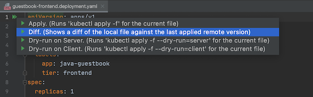 Diff option highlighted in the kubectl action list
