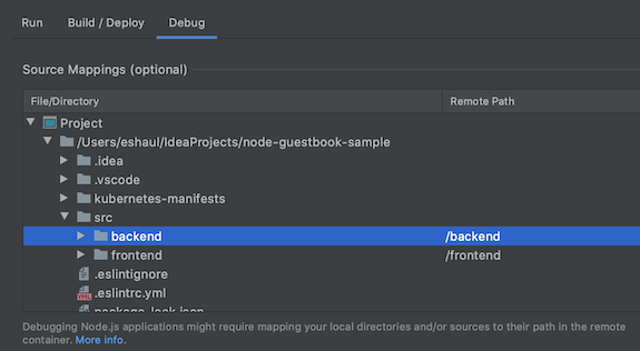 Choosing a source location in the source mapping section of the Debug tab