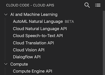 Captura de pantalla que muestra la lista de las API de Cloud que se muestran en el explorador de vista de árbol.