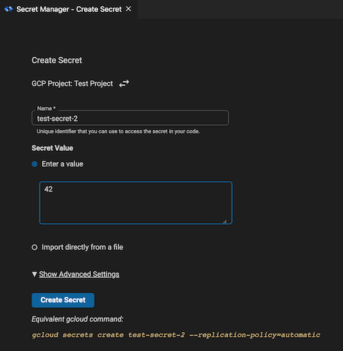 Create Secret dialog open with Name field filled out as 'test-secret-2' and Secret Value filled out as '42'