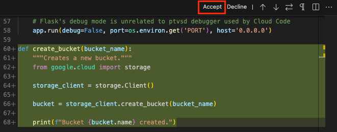 Gemini Code Assist จะเปิดมุมมอง Diff เพื่อแสดงโค้ดที่สร้างขึ้น