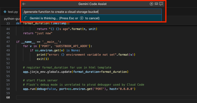 Gemini Code Assist generates code with the /generate command.