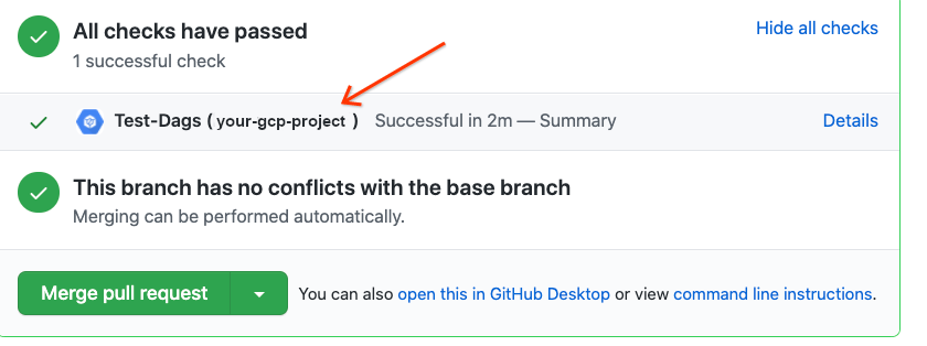名为 test-dags 的 GitHub 检查的屏幕截图,其中的红色箭头指向括号中的项目名称
