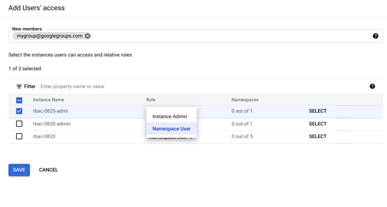 Select namespace user roles