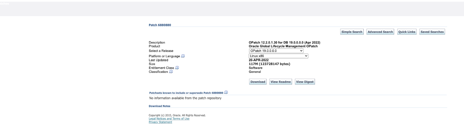 Oracle OPatch page showing the patch description, date, and size.
