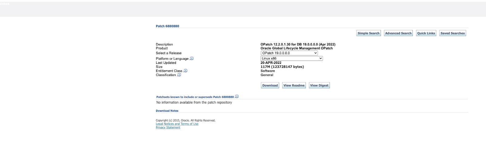 パッチの説明、日付、サイズが表示された Oracle OPatch ページ。