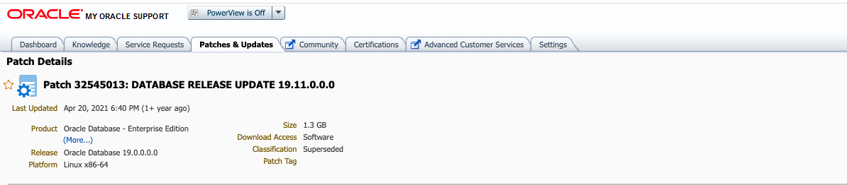 Scheda Patch e aggiornamenti che mostra i dettagli della patch, tra cui versione, data della patch, piattaforma e dimensioni.