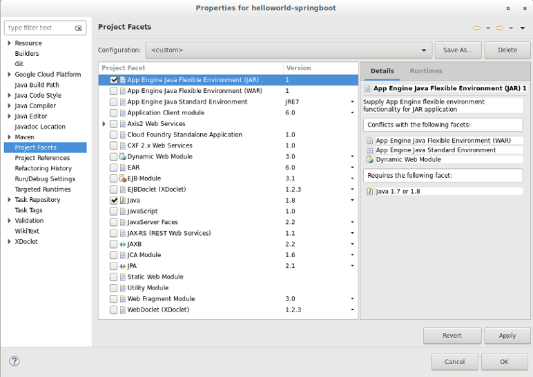 A dialog box to select facets for the project. It provides a list of
 facets available for the project. In the screenshot, the
 App Engine Java Flexible Environment (JAR) and Java facets are
 selected.