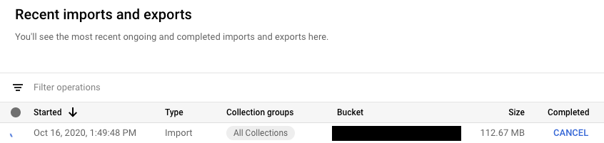 Recent imports and exports table in console showing an ongoing data import with a Cancel option to stop the operation.