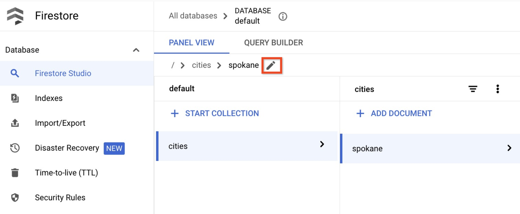 Tampilan Panel Firestore di konsol, dengan tombol Edit path ditandai.