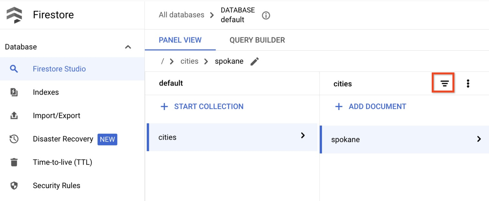 Firestore Panel view in the console, with the Filter button highlighted.