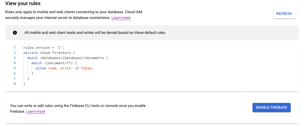 Jika Firebase tidak diaktifkan di project Anda, tombol Aktifkan Firebase SDK akan muncul.