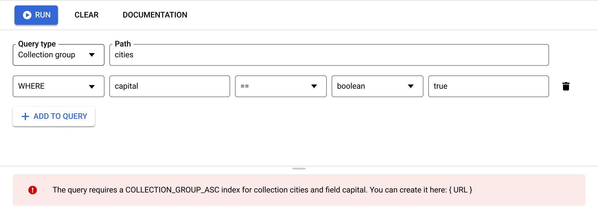 Criador de consultas com uma mensagem de erro para criar o índice necessário para a consulta.