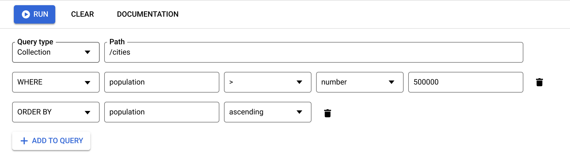 Query Builder mit einer Abfrageklausel und einer „Order by“-Klausel für dasselbe Feld