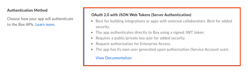 „Server authentication (with JWT)“ (Serverauthentifizierung mit JWT) auswählen