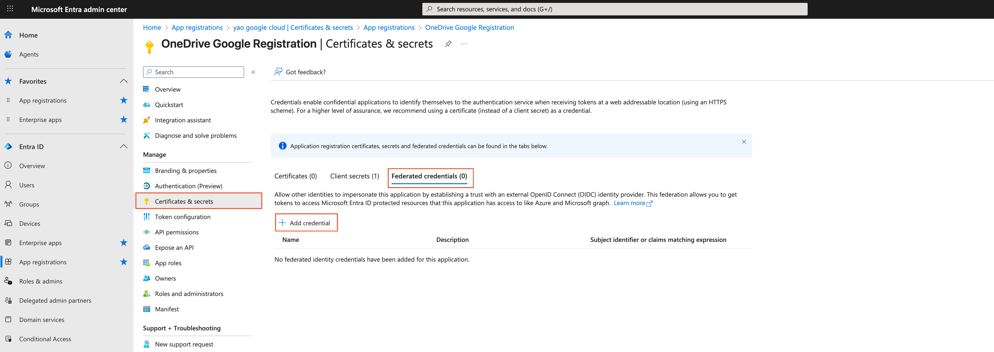 Adicionar credenciais federadas no Entra