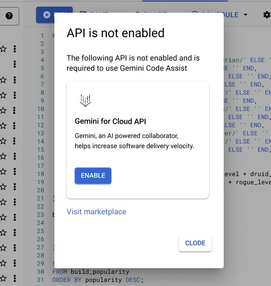 Prompt showing API is not enabled.