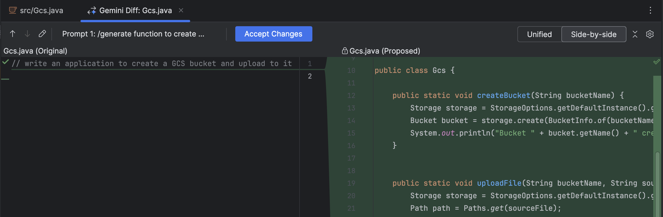 Vista de diferencia de transformación de código en Gemini Code Assist de IntelliJ