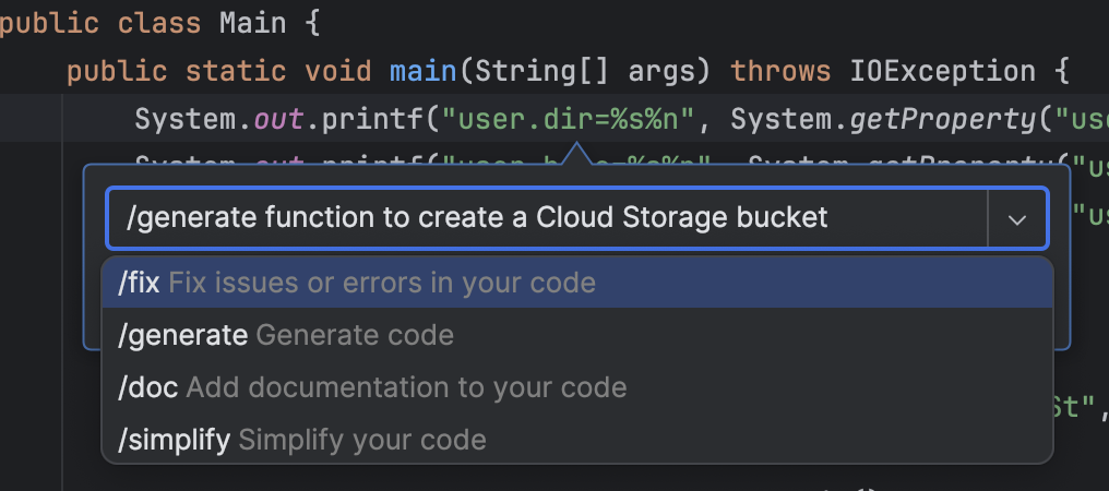 在 IntelliJ 中使用 Gemini Code Assist 执行代码转换以生成函数