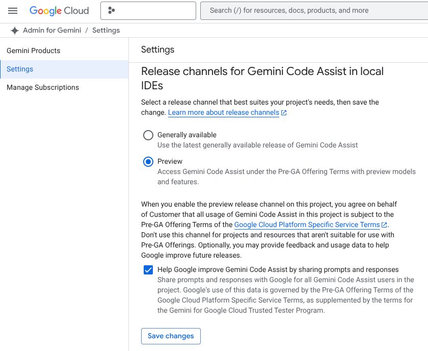 Configure a Gemini Code Assist release channel in the Google Cloud console