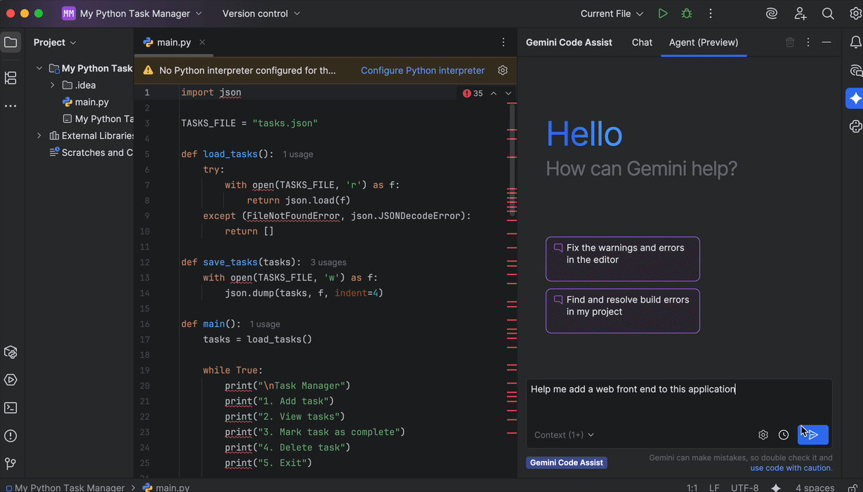 IntelliJ Gemini Code Assist agent mode in action
