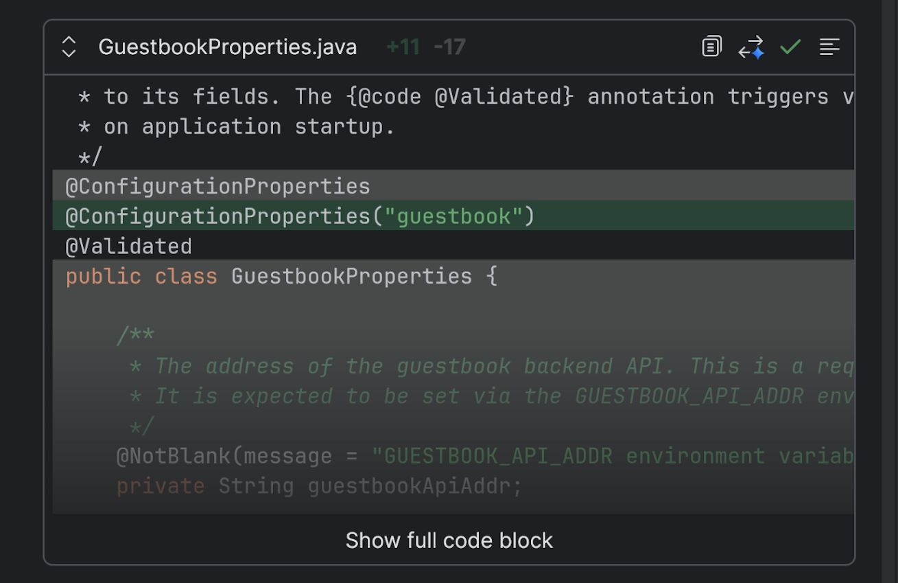Chat code suggestion preview in IntelliJ Gemini Code Assist.