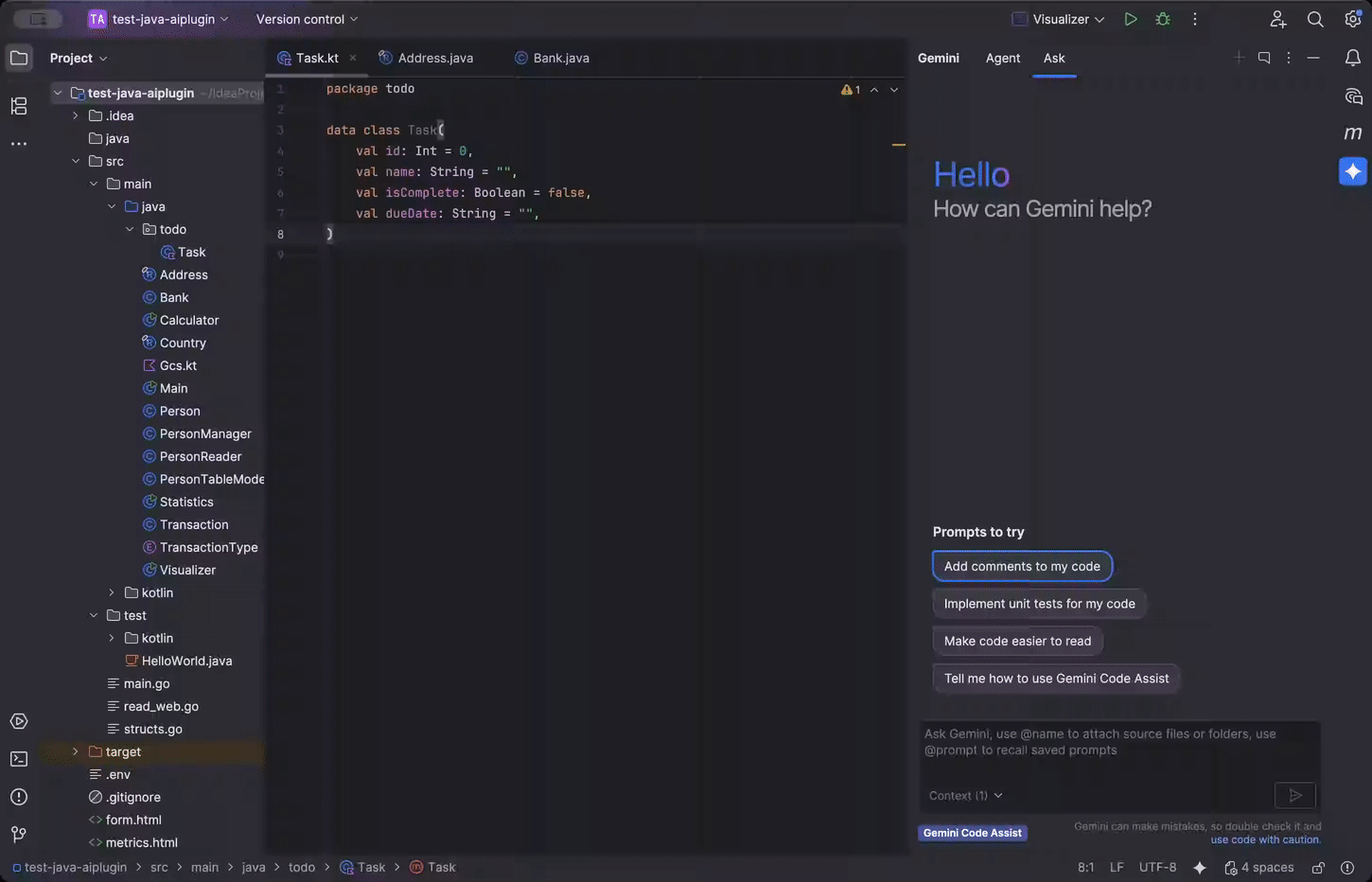 Inline diff in IntelliJ Gemini Code Assist.
