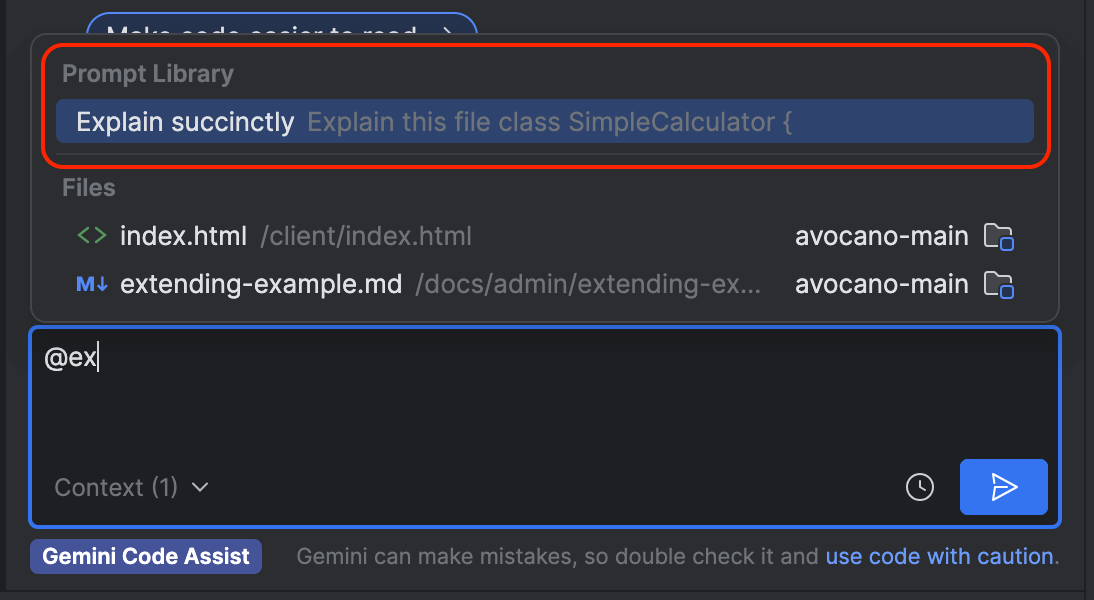 Saved prompt in Prompt Library in IntelliJ Gemini Code Assist.