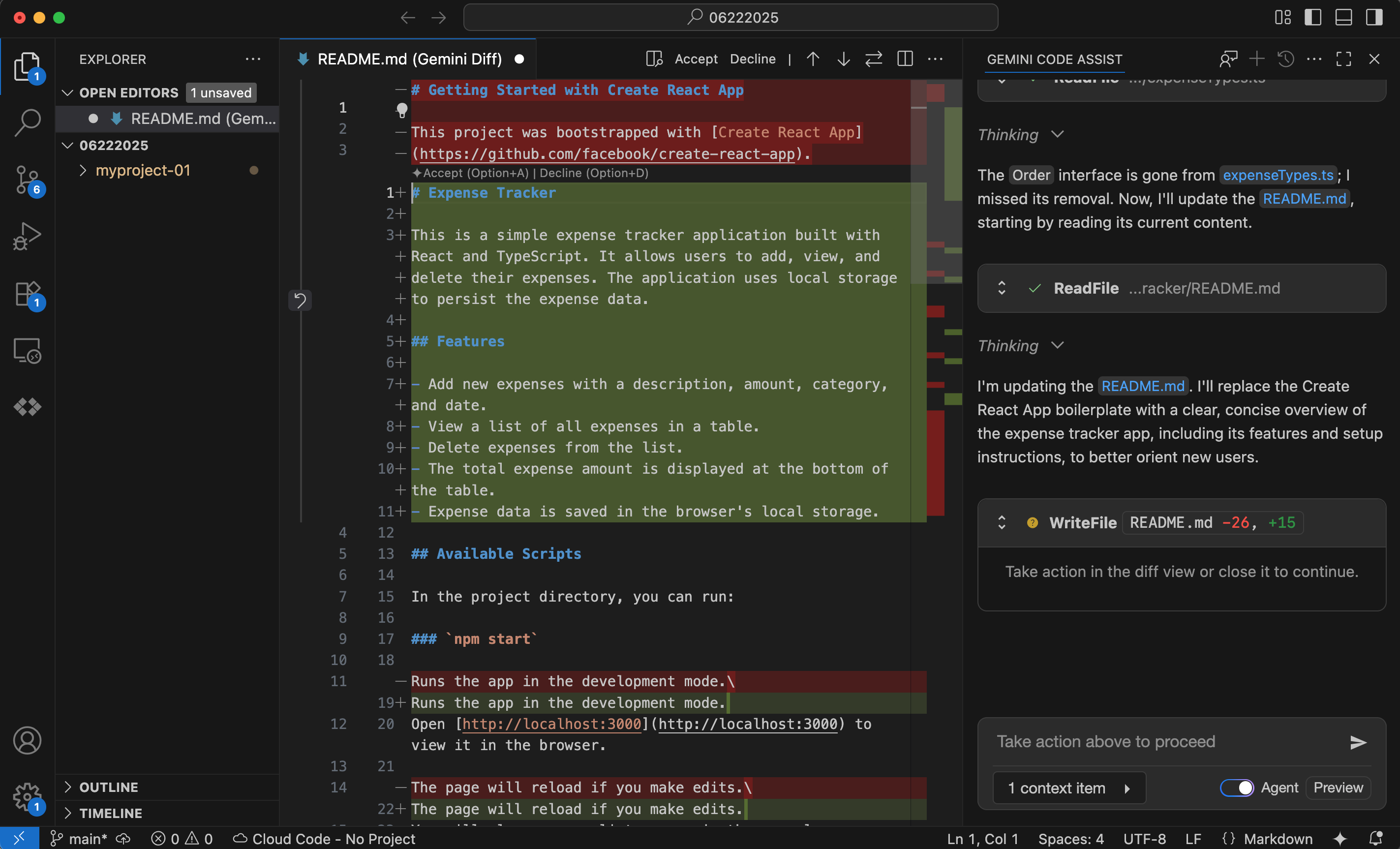 Agent mode diff view in VS Code