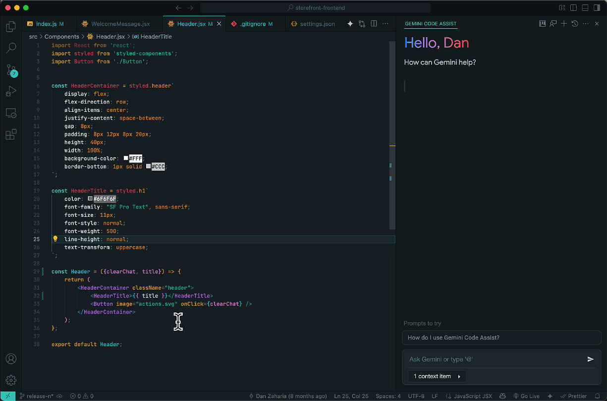 Selected code snippets in VS Code Gemini Code Assist