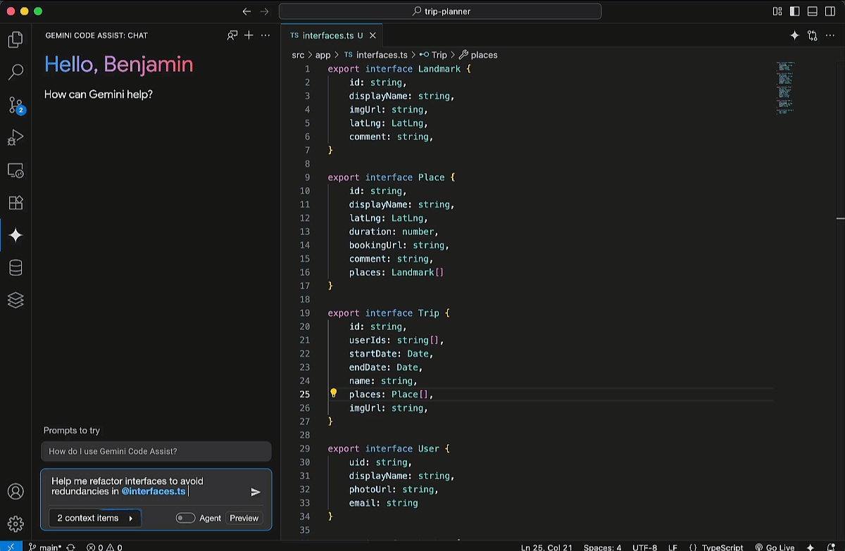 Inline diff in VS Code Gemini Code Assist.
