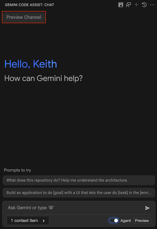 Release channel name in VS Code chat banner.