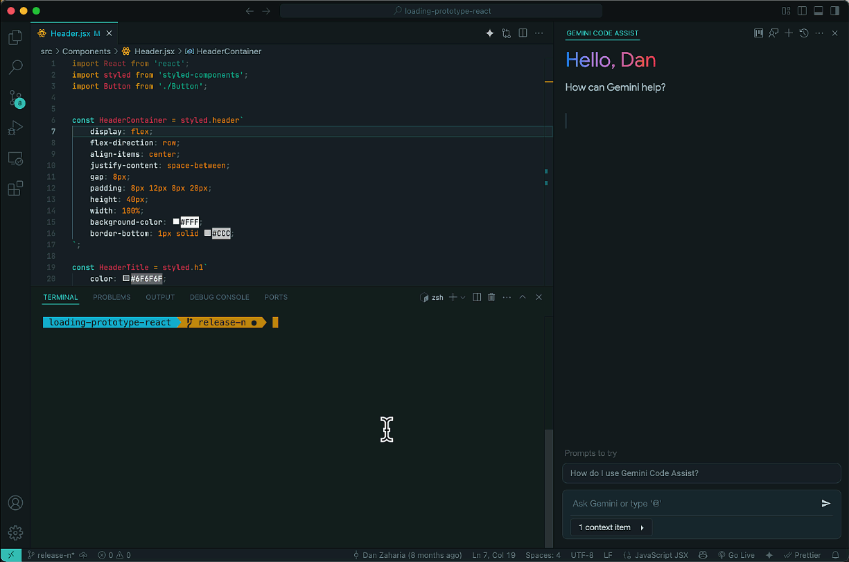 Selected terminal output in VS Code Gemini Code Assist