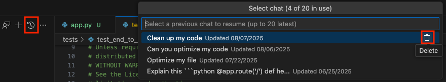 Botón para borrar el historial de conversaciones en Gemini VS Code.