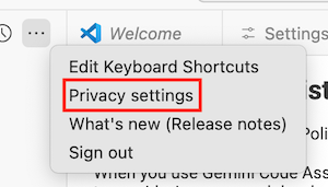 Configurações de privacidade do Gemini Code Assist no menu do VS Code.