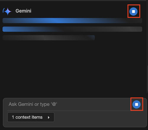 진행 중인 VS Code Gemini Code Assist 채팅 대답을 중지하는 버튼