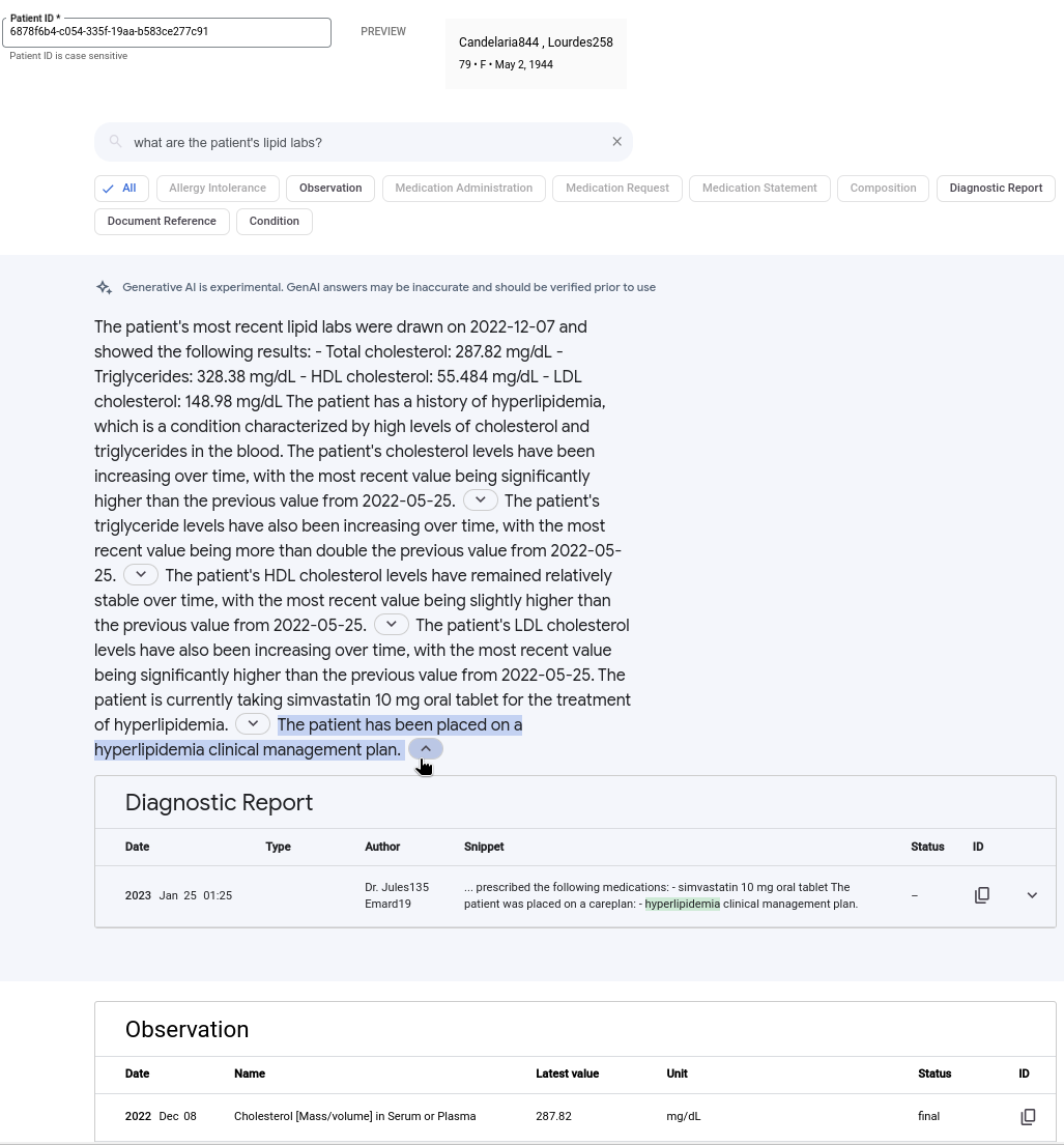 查詢內容為「What are the patient&#39;s lipid labs」(病患的血脂檢驗結果為何)。搜尋結果會以表格格式顯示。搜尋結果隨附生成式 AI 生成的摘要，內容為「患者沒有已知過敏症」。