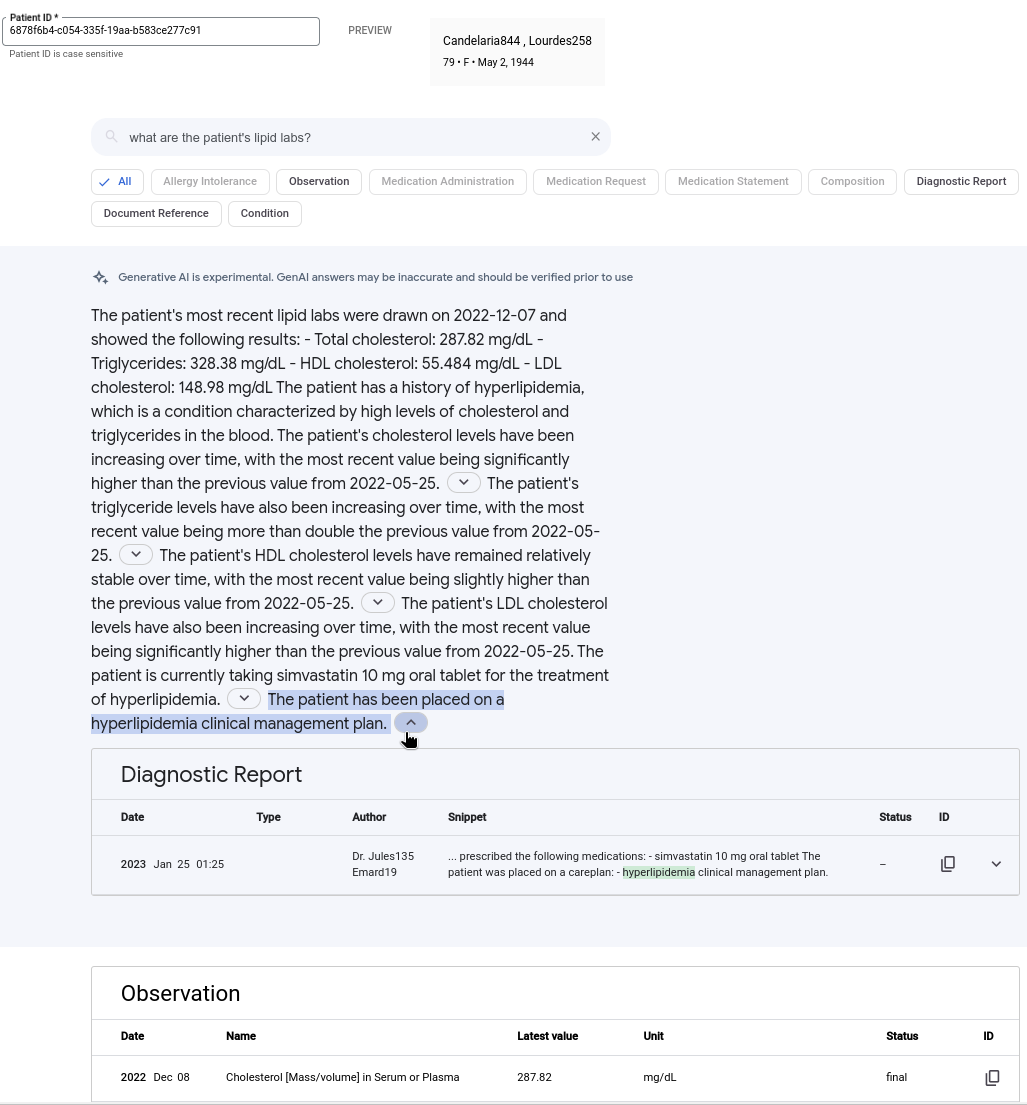 La query è &quot;Quali sono i risultati degli esami lipidici del paziente?&quot;. I risultati di ricerca vengono visualizzati in un formato tabellare . I risultati di ricerca sono accompagnati da un riepilogo generato con l&#39;AI generativa che recita &quot;Il paziente non ha allergie note&quot;.