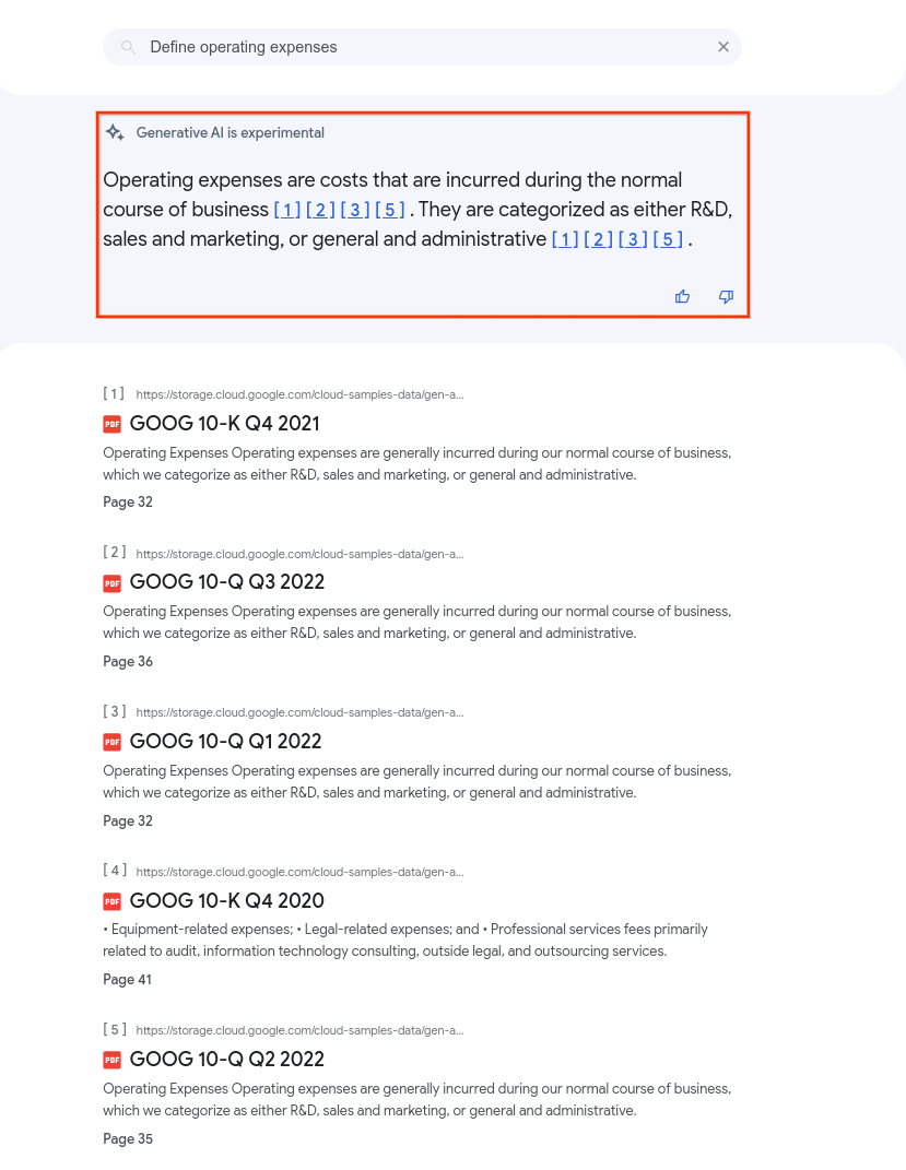 查询是“定义运营费用”。搜索摘要部分会显示从热门结果中提取的摘要。