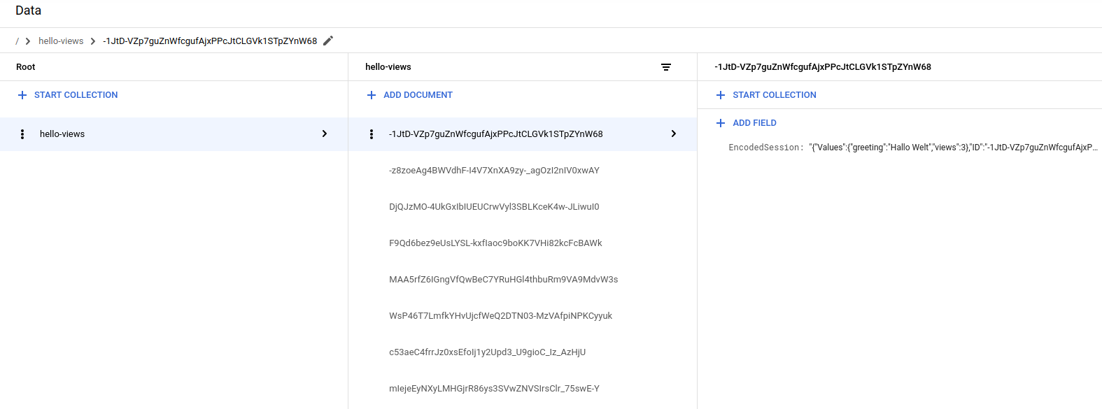 Firestore sessions in Google Cloud console.