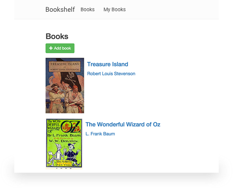 두 개의 책 제목, 'Treasure Island'와 'The Wonderful World of Oz'가 표시된 Bookshelf 웹 앱