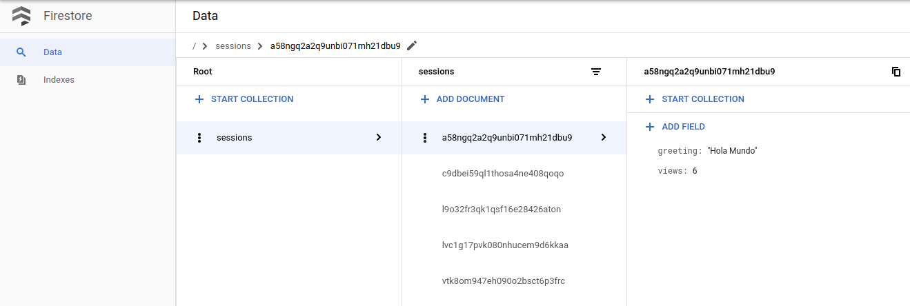 Sessions Firestore dans Cloud Console.