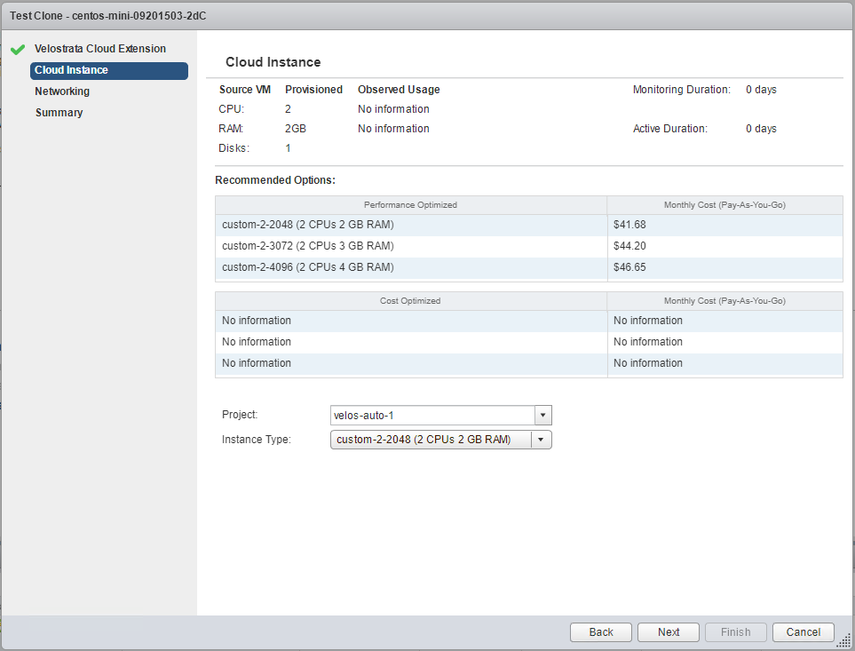 Cloud Instance screen, showing available instance sizes and recommendations