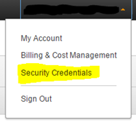 Screenshot of AWS Security Credentials menu command (click to enlarge)